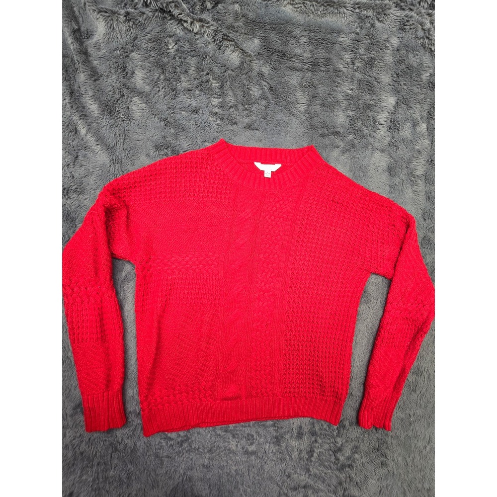 Time and Tru Womens Red Cable Knit Mixed Stitch Crewneck Sweater Large 12-14